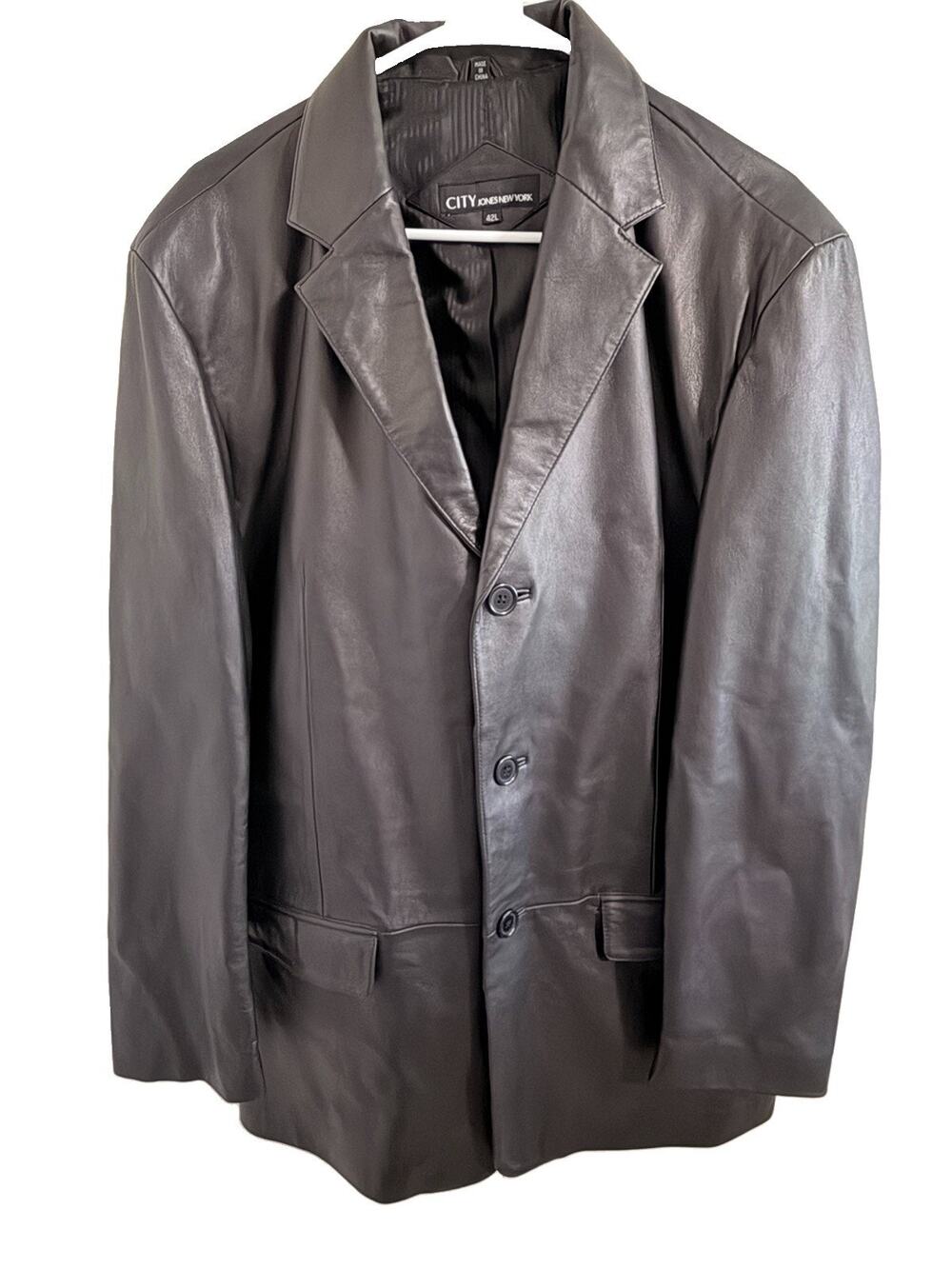 Mens City Jones New York Black Leather Blazer Jacket Coat Size 42L Genuine